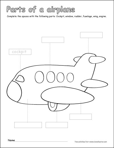 parts of an airplane label and coloring sheet