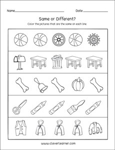 Printable same or identical worksheets for preschools