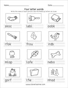 Four letter scramble words picture clue worksheets for kindergarten kids