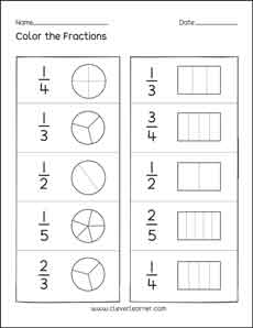 Color the fractions worksheet for preschool