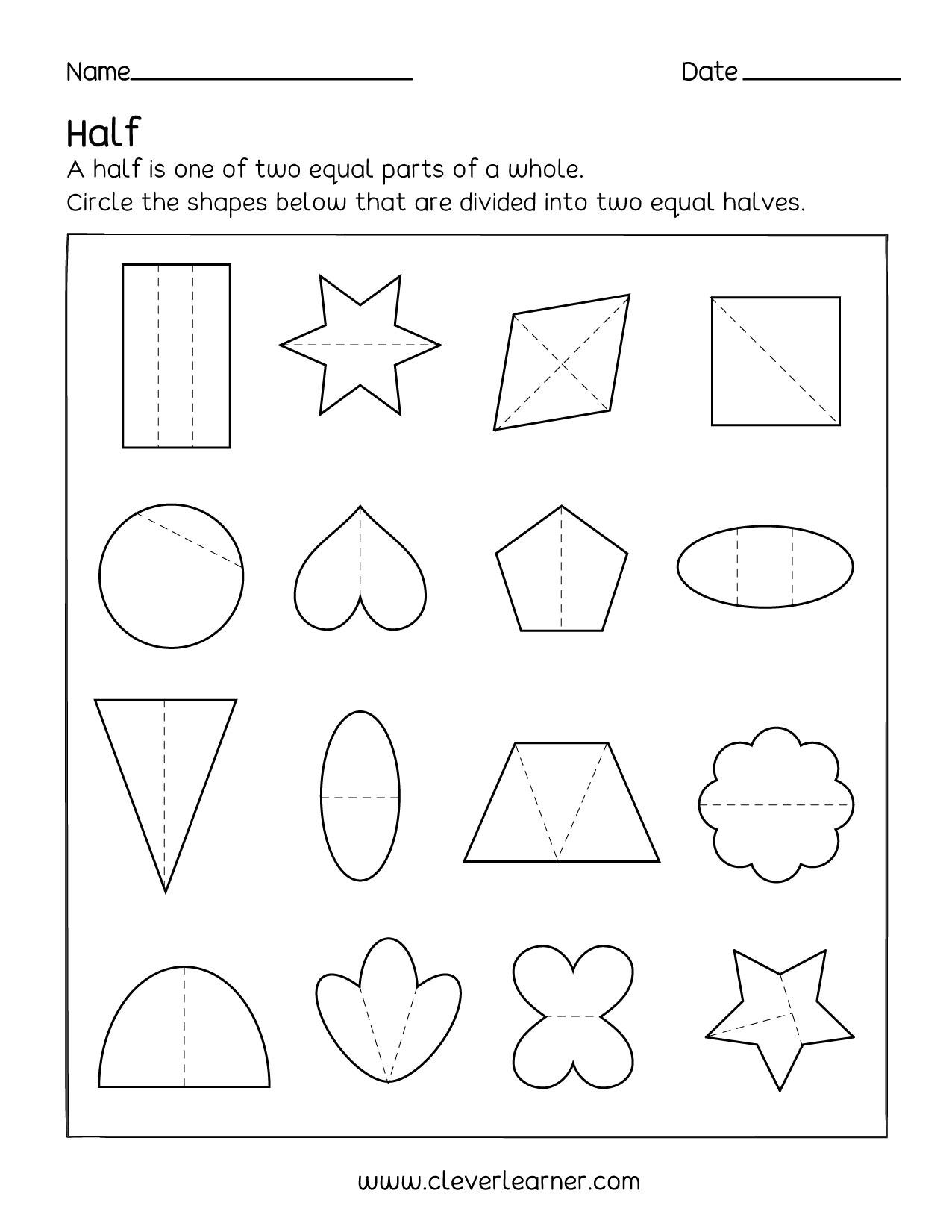 Fun activity on fractions, Half (1/2) worksheets for children