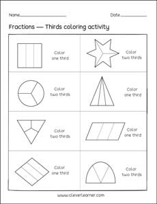 Thirds Fractions coloring sheets for preschools