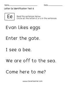 Quality printable worksheets on Letter E identification