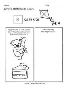 Letter K colouring activity sheets for preschool