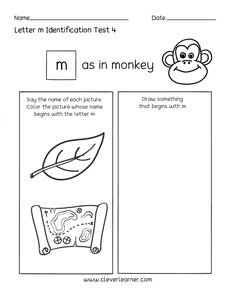 Letter M colouring activity sheets for preschool