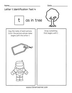 Letter T colouring activity sheets for preschool
