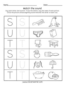 Letter s, t, u sounds matching phonics worksheets for preschool and