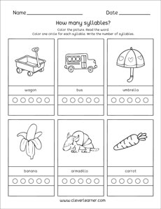 Word syllable worksheets for preschool and kindergarten kids