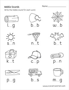 Middle sounds worksheets for preschool and kindergarten kids