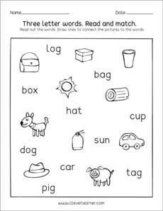 three letter picture reading worksheet