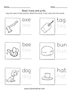 Three letter words tracing and writing printable sheets for preschool