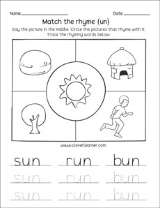 sun bun run family rhyme words tracing printables