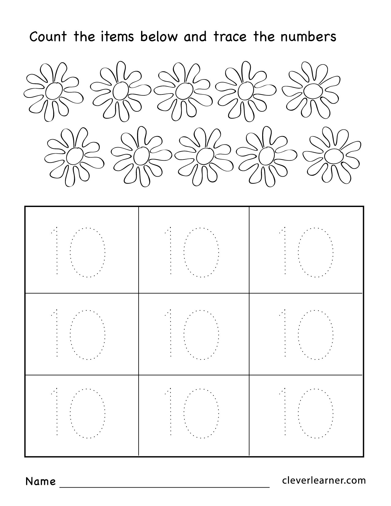 Number ten writing, counting and identification printable worksheets