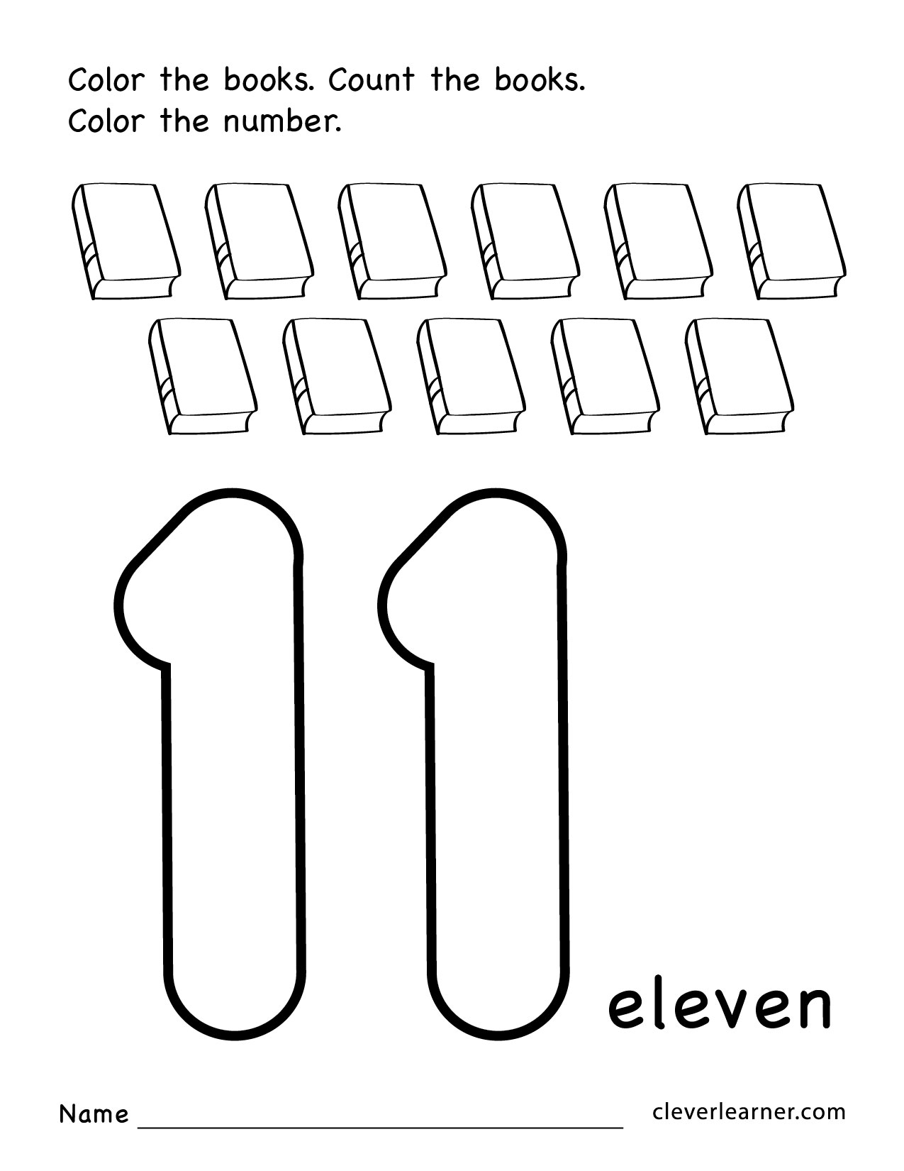 Number eleven writing, counting and identification printable worksheets