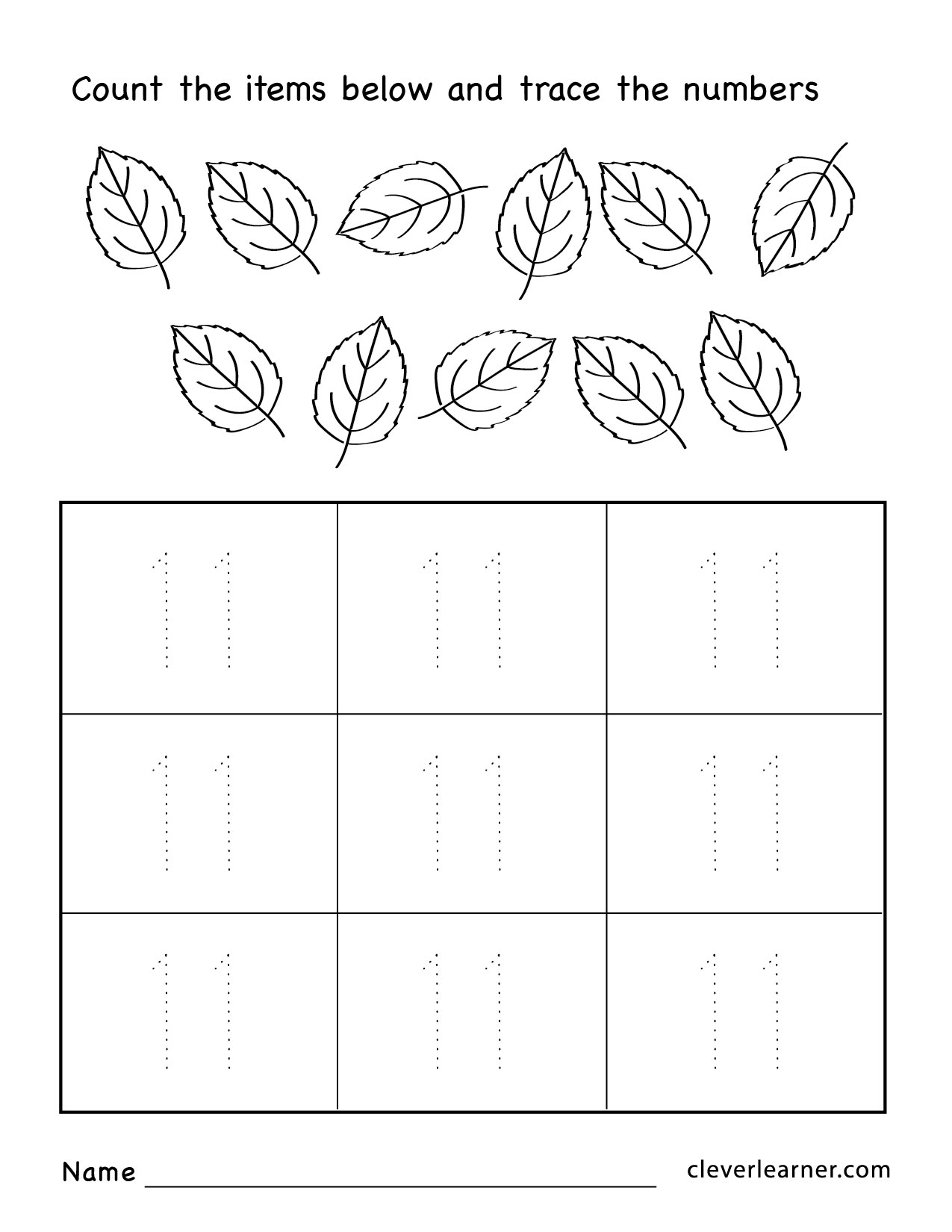 Number eleven writing, counting and identification printable worksheets
