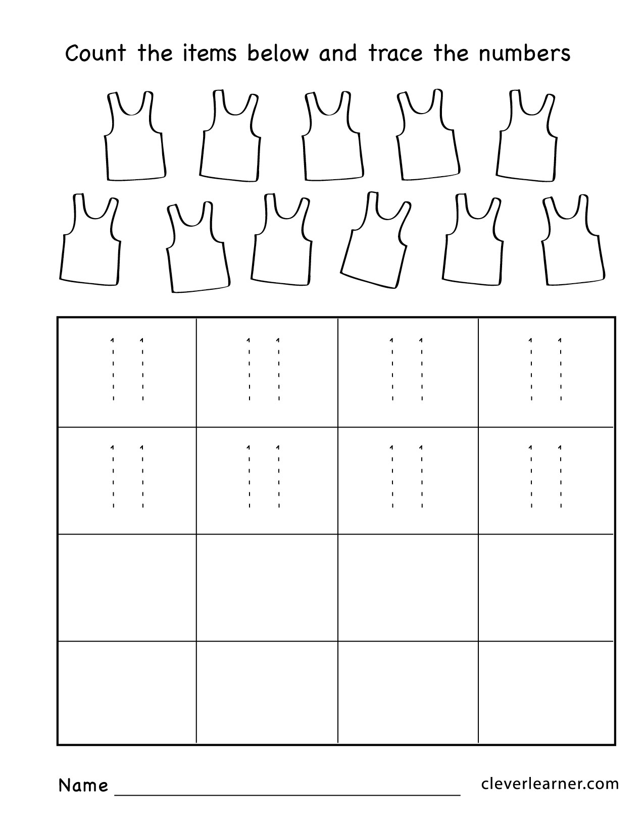 Number eleven writing counting and identification printable worksheets