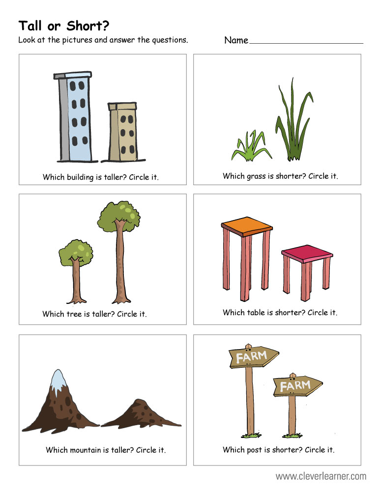 Tall vs Short Size Comparison Worksheets