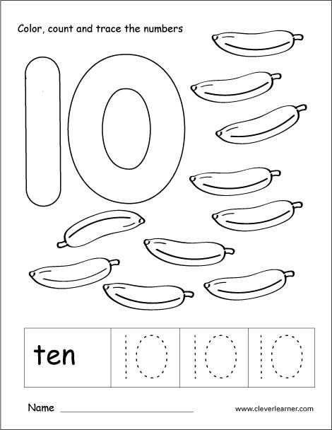 Number ten tracing and colouring worksheet for kindergarten