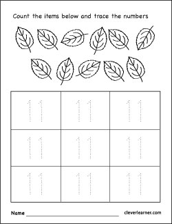 Number eleven writing counting and identification printable worksheets