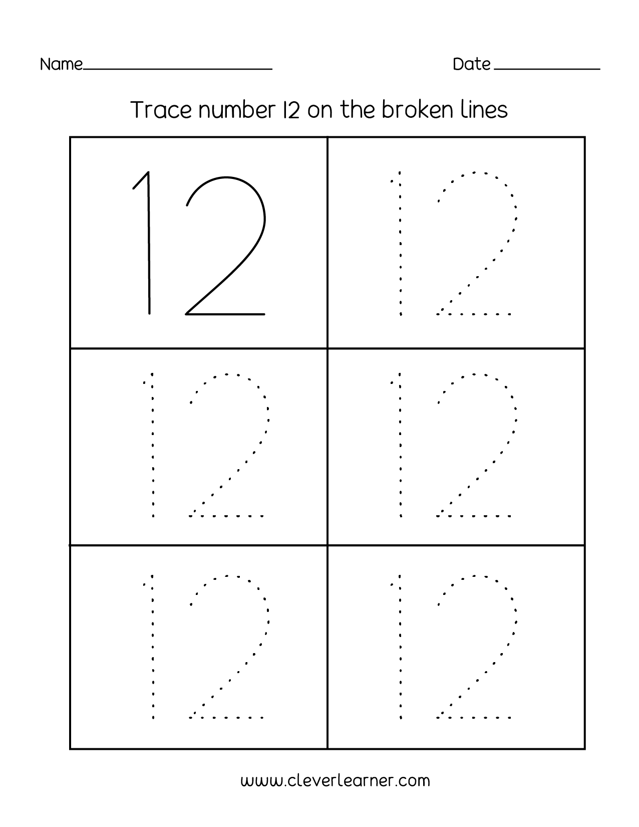 Kindergarten Number 12 Tracing Worksheets
