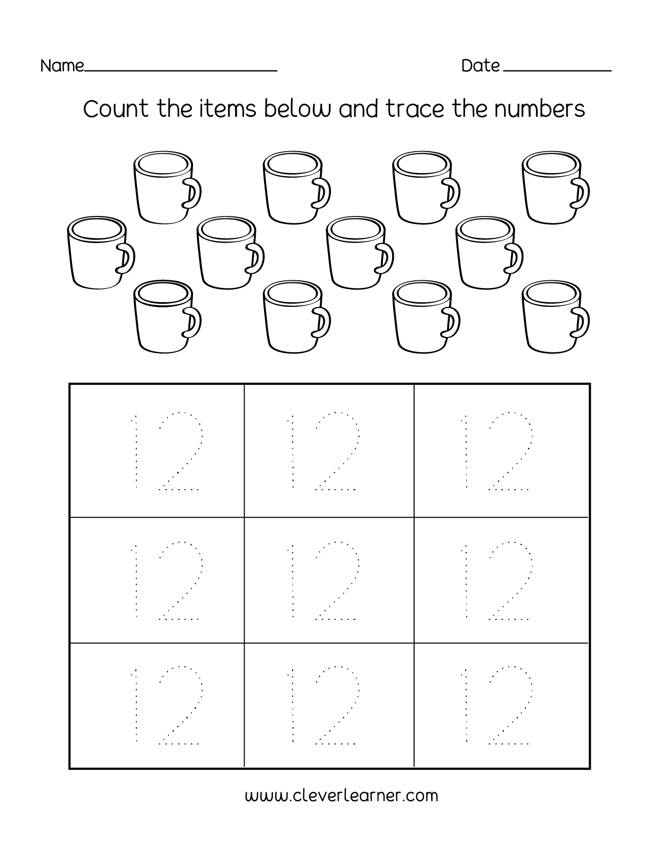 Number twelve writing, counting and identification printable worksheets