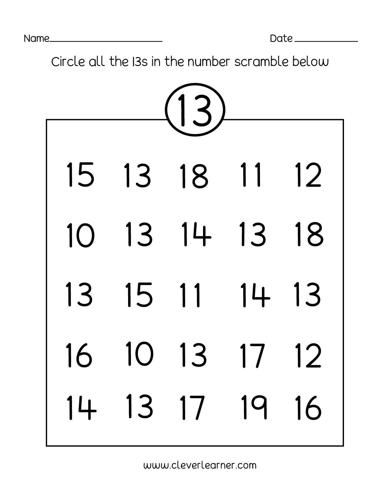 Number 13 writing counting and identification printable