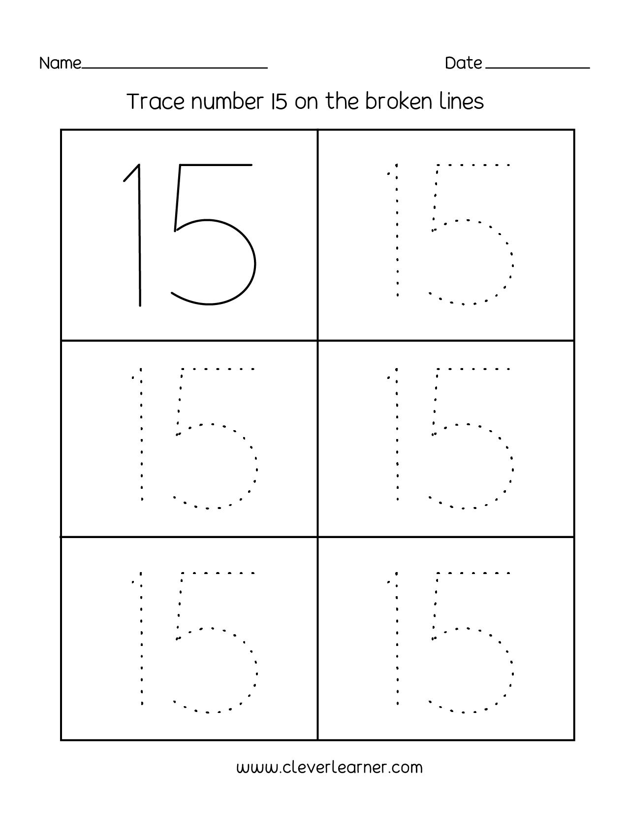 Number 15 writing, counting and identification printable worksheets for