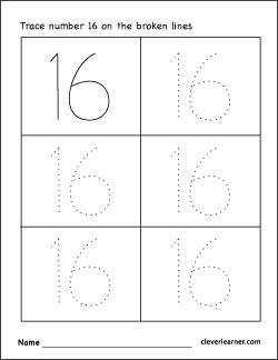 Number 16 writing, counting and identification printable worksheets for