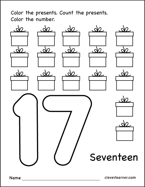 Number 17 writing, counting and identification printable worksheets for