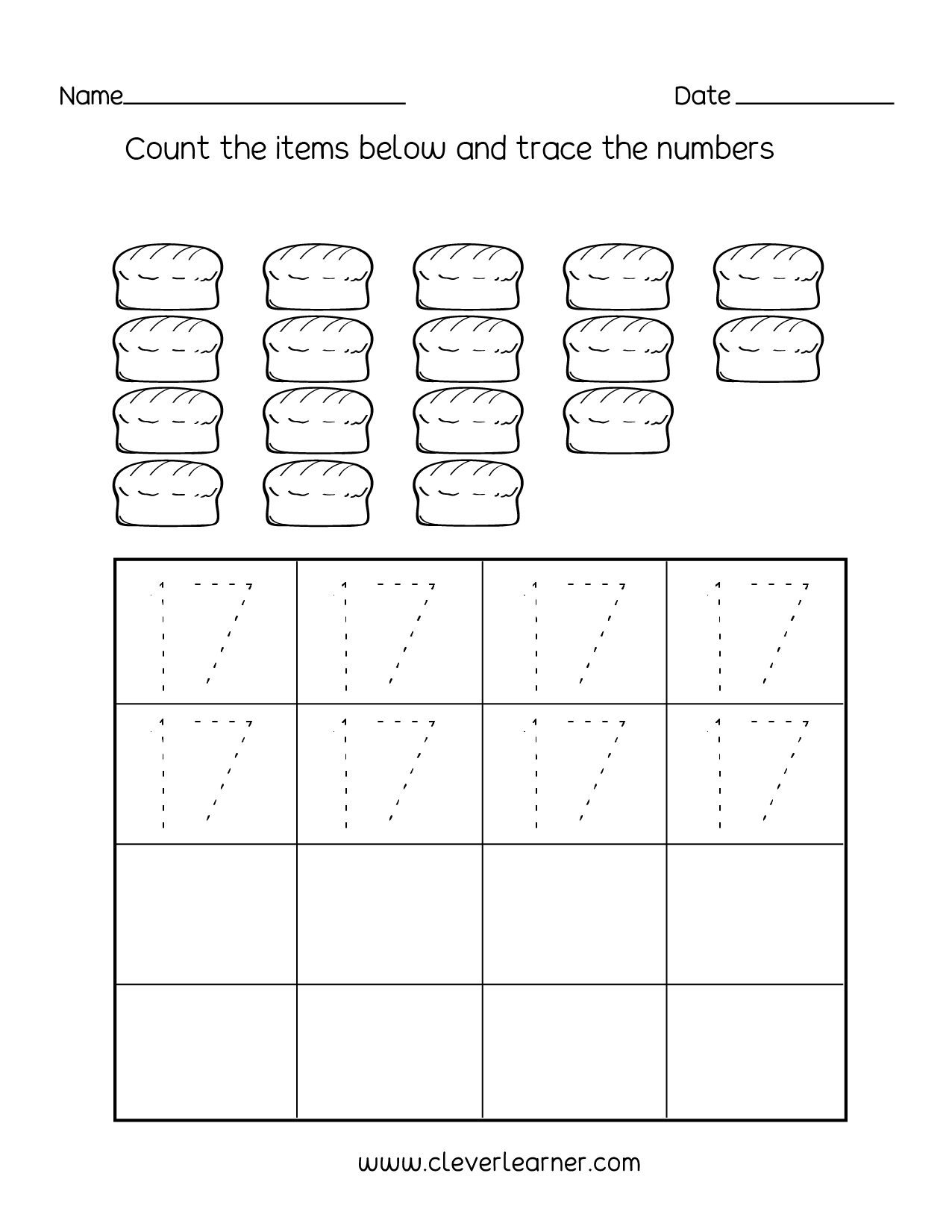 Number 17 Writing Counting And Identification Printable Worksheets For Children