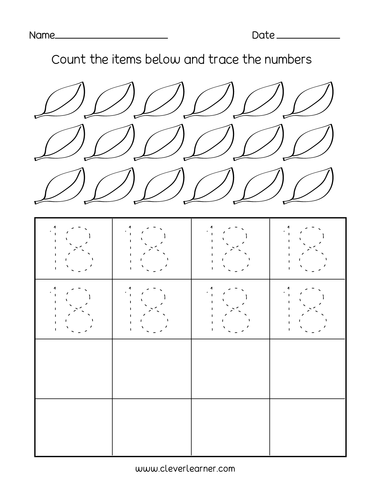 Number 18 writing, counting and identification printable worksheets for