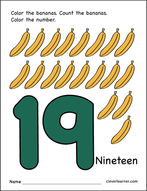 Number 19 writing, counting and identification printable worksheets for