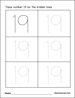 Number 19 writing, counting and identification printable worksheets for