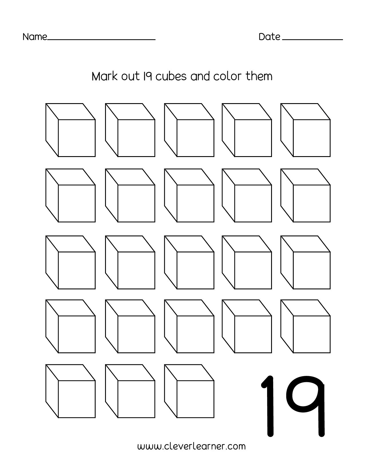 Number 19 writing counting and identification printable worksheets for
