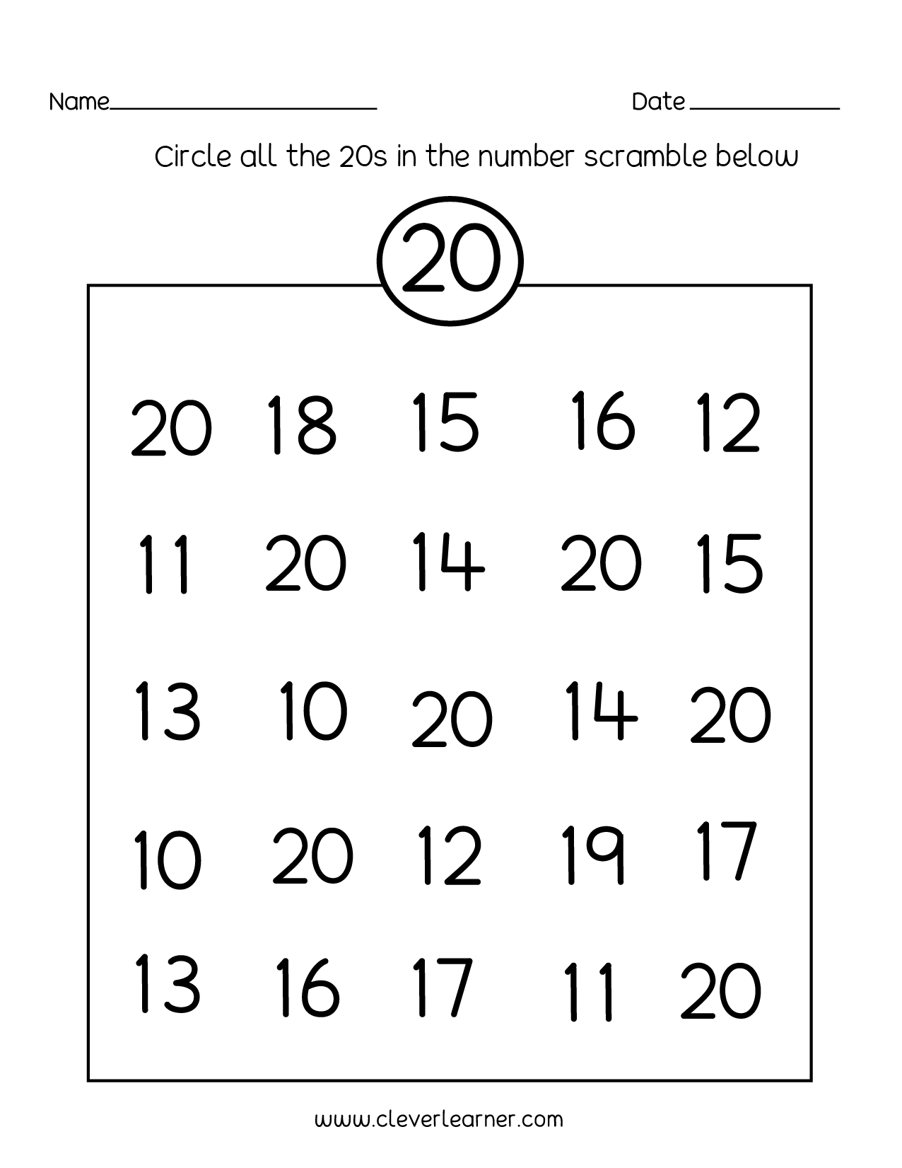 Number 20 writing, counting and identification printable Inside Counting To 20 Worksheet