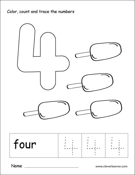 Number four tracing and colouring worksheet for kindergarten