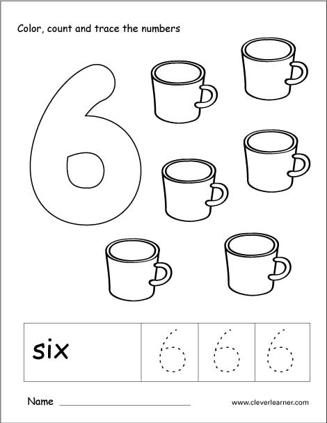 Number six tracing and colouring worksheet for kindergarten