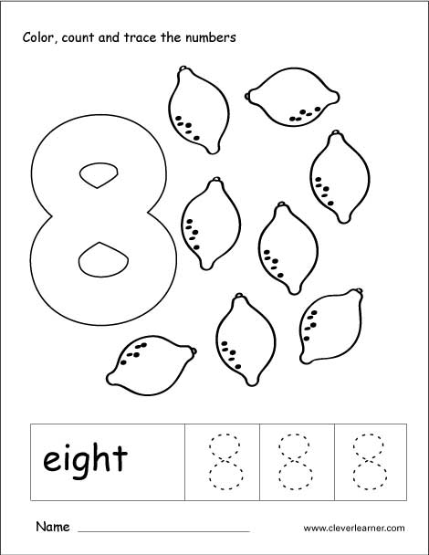 Number eight tracing and colouring worksheet for kindergarten