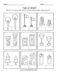 Free printable worksheets on measuring sizes, tall and short.