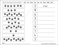 Number matching, counting and number writing worksheets