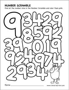 scrambled numbers coloring preschool activity worksheet 9