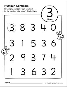 Free printable scramble number three activity