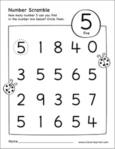 Free printable scramble number five activity