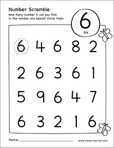 Free printable scramble number six activity