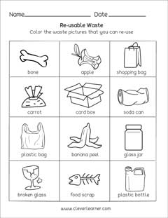 Reusable waste activity worksheets for preschool on Earth Day