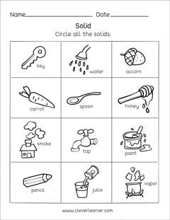 Preschool science worksheets on Matter