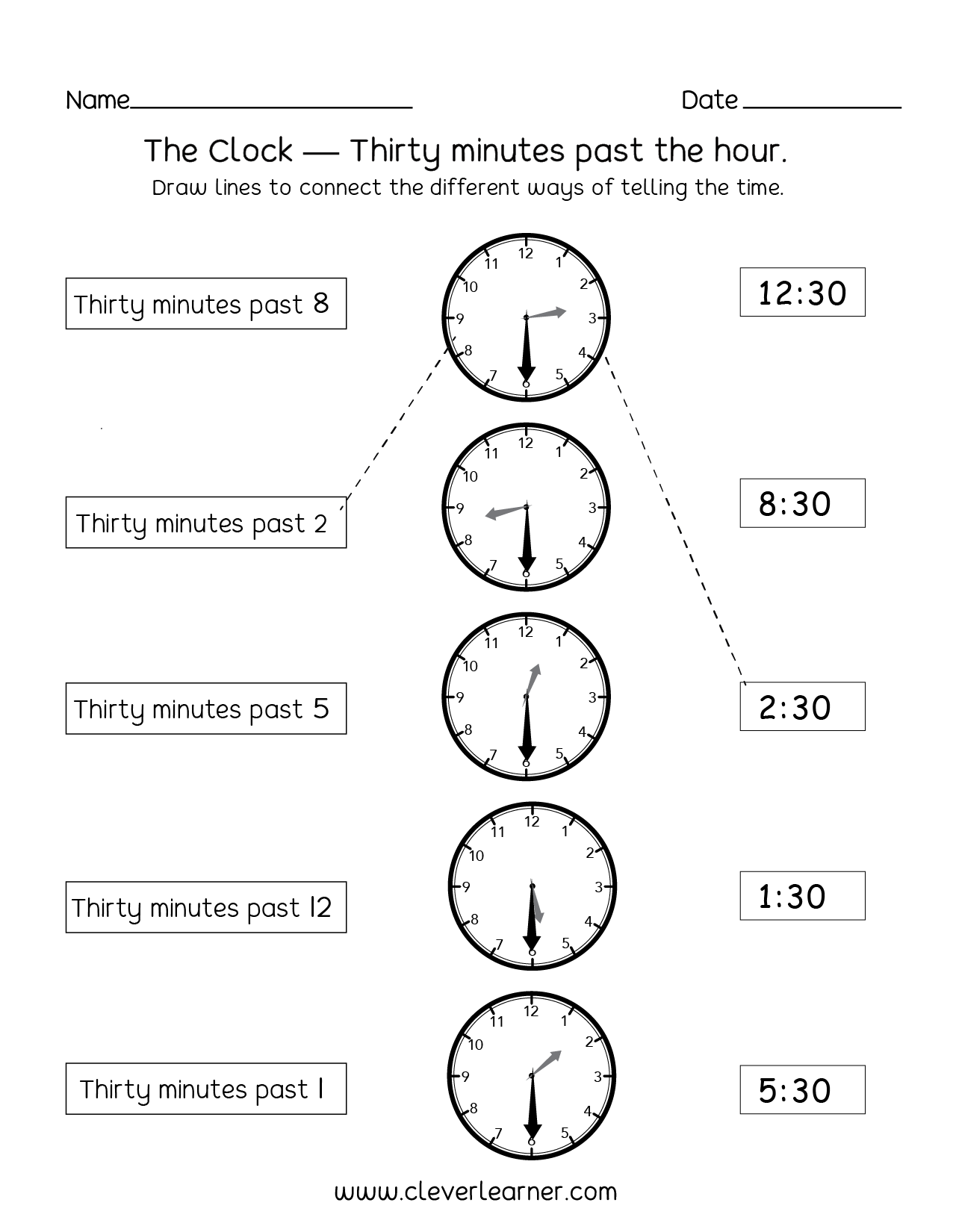 Telling Time Half Past The Hour Worksheets For 1st And 2nd Graders