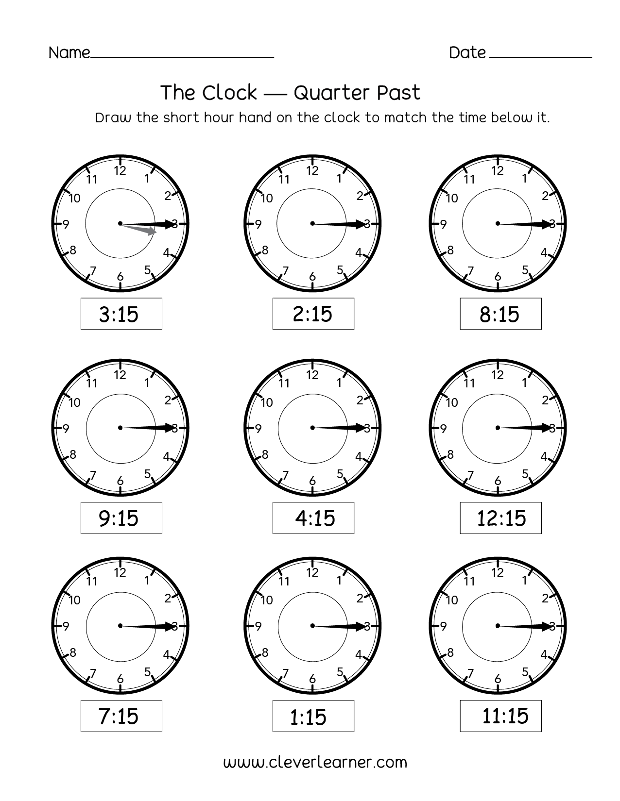 Telling Time Quarter Past The Hour Worksheets For 2nd Graders