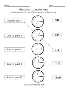 quarter past the hour matching activity worksheet