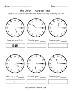 Telling time worksheetsquarter hour, telling time to 5 minutes intervals and 1 minute intervals.